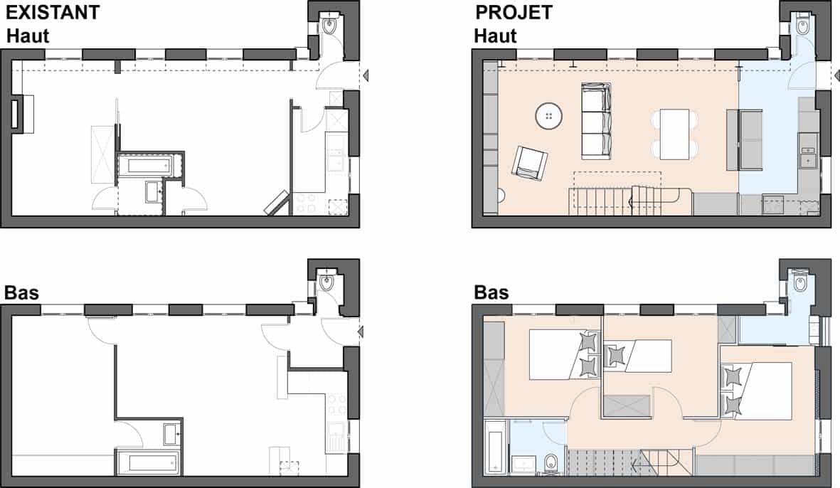 Plans d'étage côte à côte montrant les niveaux supérieur et inférieur existants (à gauche) et proposés (à droite) d'un espace de vie. Le plan proposé comprend un salon, une cuisine et deux chambres.