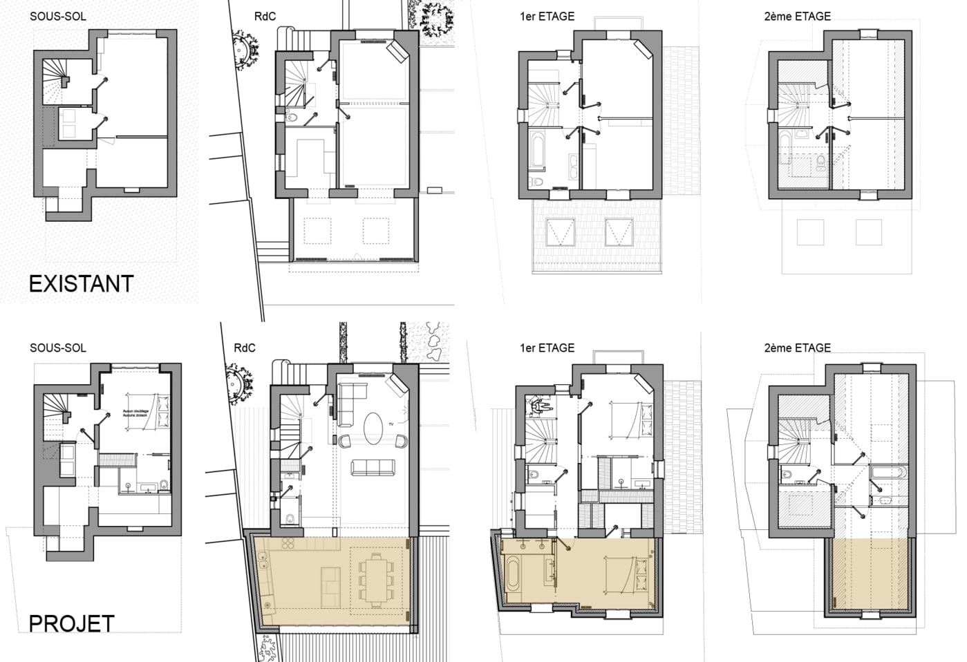 Deux ensembles de plans d'étage architecturaux sont présentés côte à côte, montrant une structure existante (à gauche) et un projet d'extension proposé (à droite) pour un sous-sol, un rez-de-chaussée, un premier étage et une surélévation au deuxième étage.