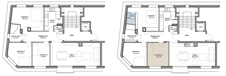 Deux plans d'étage architecturaux similaires côte à côte, chacun représentant une disposition avec plusieurs pièces comprenant des chambres, une cuisine, une salle de bain et des espaces de vie.