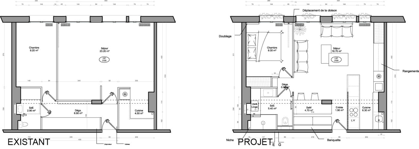 Les plans d'étage architecturaux comparent un agencement existant avec un projet de conception. L'agencement existant du deux-pièces montre des pièces séparées, tandis que le projet proposé intègre des espaces ouverts avec un mobilier actualisé, reflétant une rénovation réfléchie.