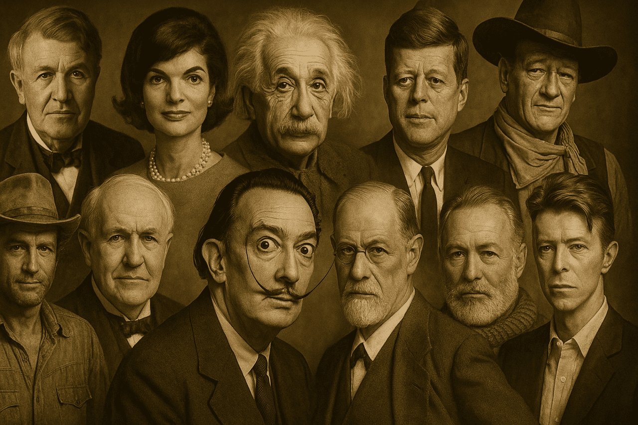 Un portrait de groupe aux tons sépia de personnages historiques et culturels célèbres, dont des hommes et une femme, posés ensemble et face à la caméra.