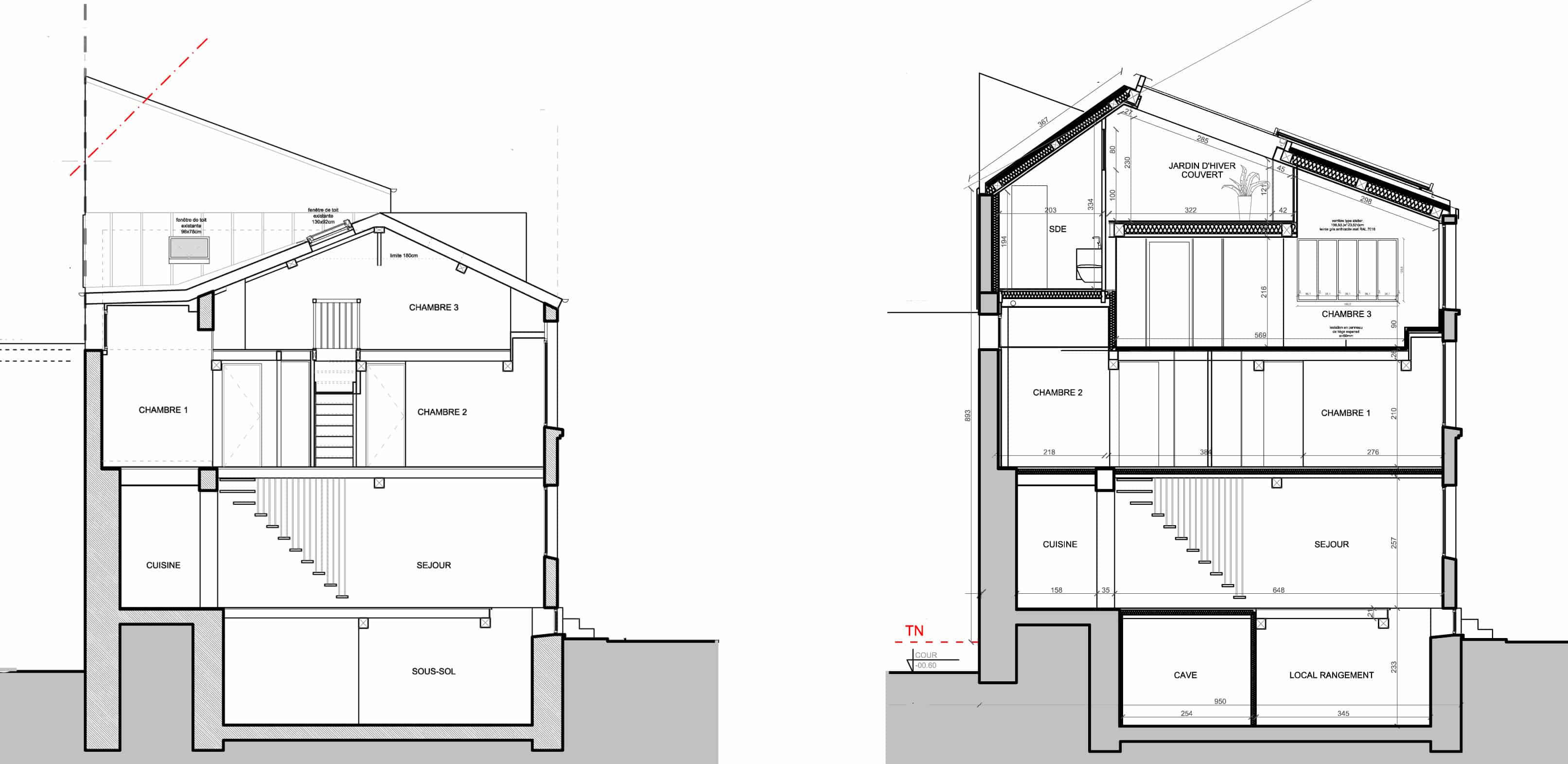 Dessins de coupe architecturale d'un bâtiment à plusieurs étages, montrant les pièces étiquetées, les escaliers, les étages et les détails structurels dans une vue en coupe transversale.