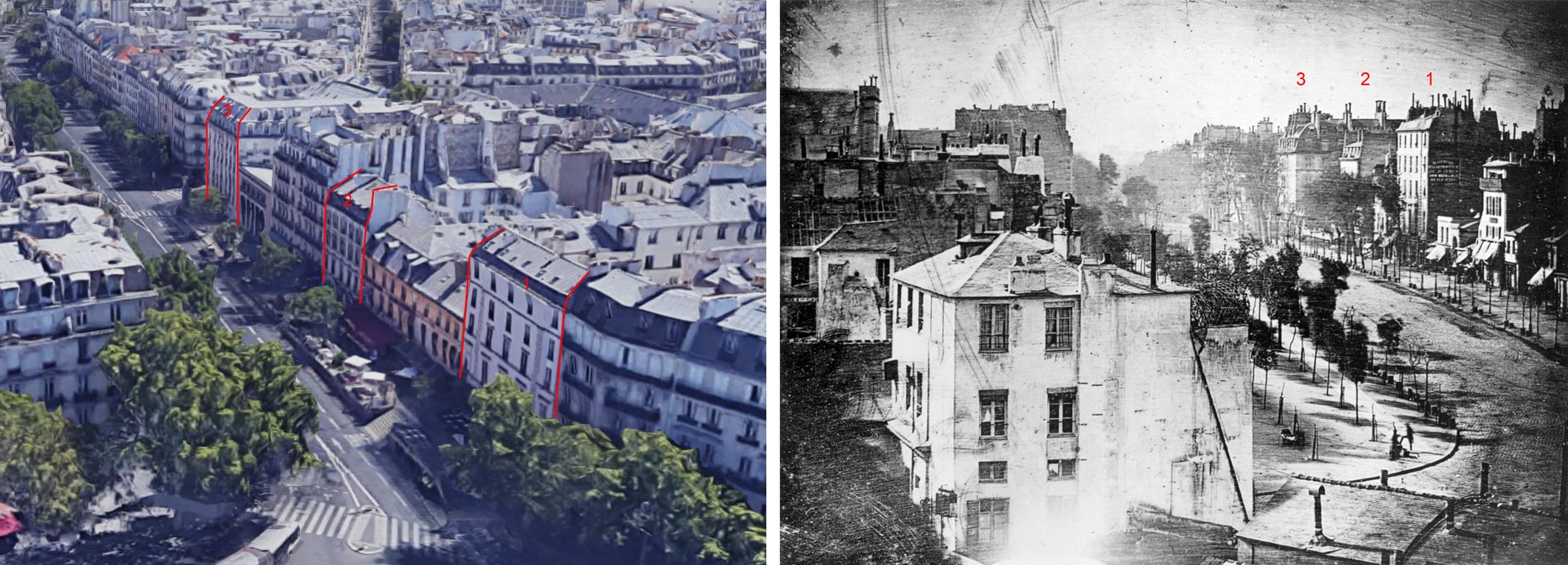 Vue aérienne des immeubles parisiens à gauche ; ancienne photographie en noir et blanc de la même rue à droite avec les emplacements numérotés et les toits visibles.