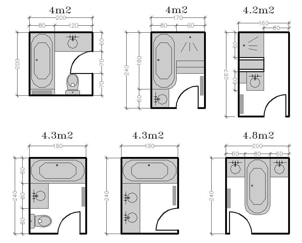 Six schémas en noir et blanc montrent différents agencements de salles de bains avec des accessoires étiquetés, des mesures et des surfaces totales allant de 4 m² à 4,8 m².