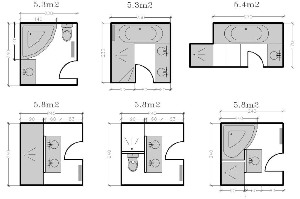 Six schémas d'aménagement de salle de bains en noir et blanc, chacun étiqueté avec les dimensions et la superficie en mètres carrés, montrant différents emplacements pour les appareils et les portes.