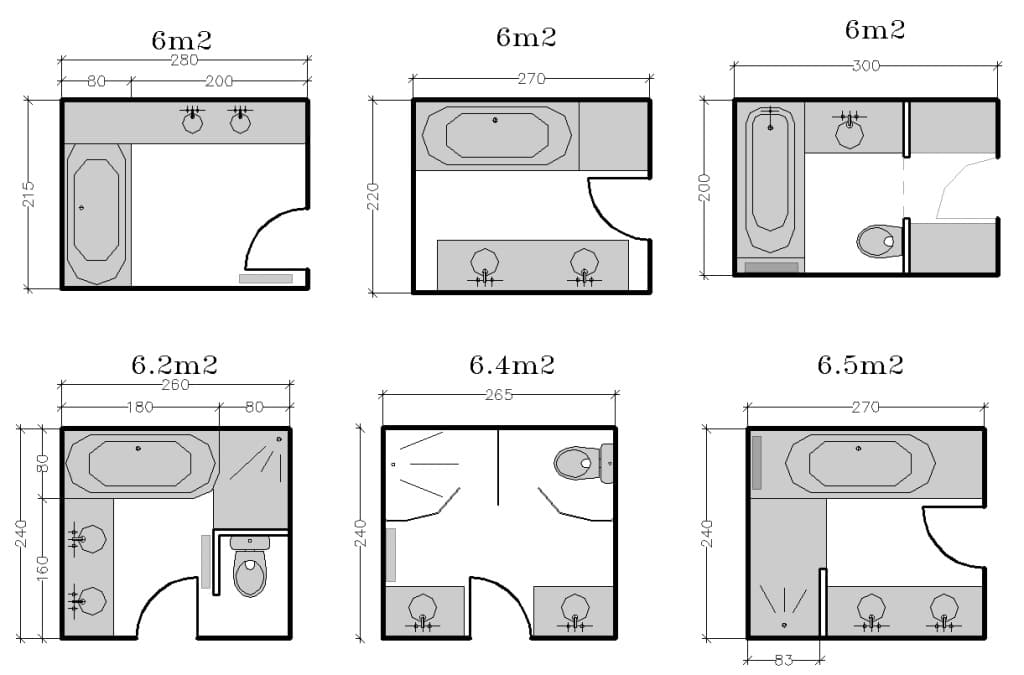 Six plans de salle de bains en noir et blanc, chacun étiqueté avec la superficie en mètres carrés, montrant différentes dispositions de baignoires, de lavabos et de toilettes avec les mesures.