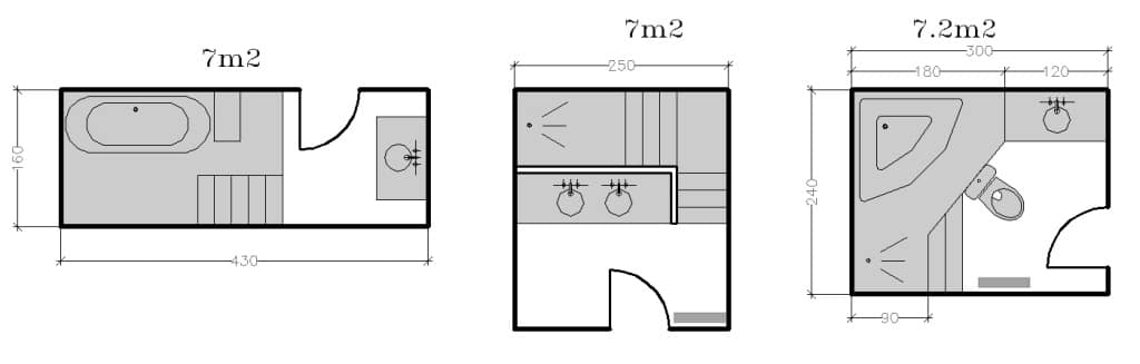 Trois plans de salle de bains en noir et blanc, avec les dimensions, les accessoires et les mesures indiqués, d'une superficie d'environ 7 mètres carrés chacun.
