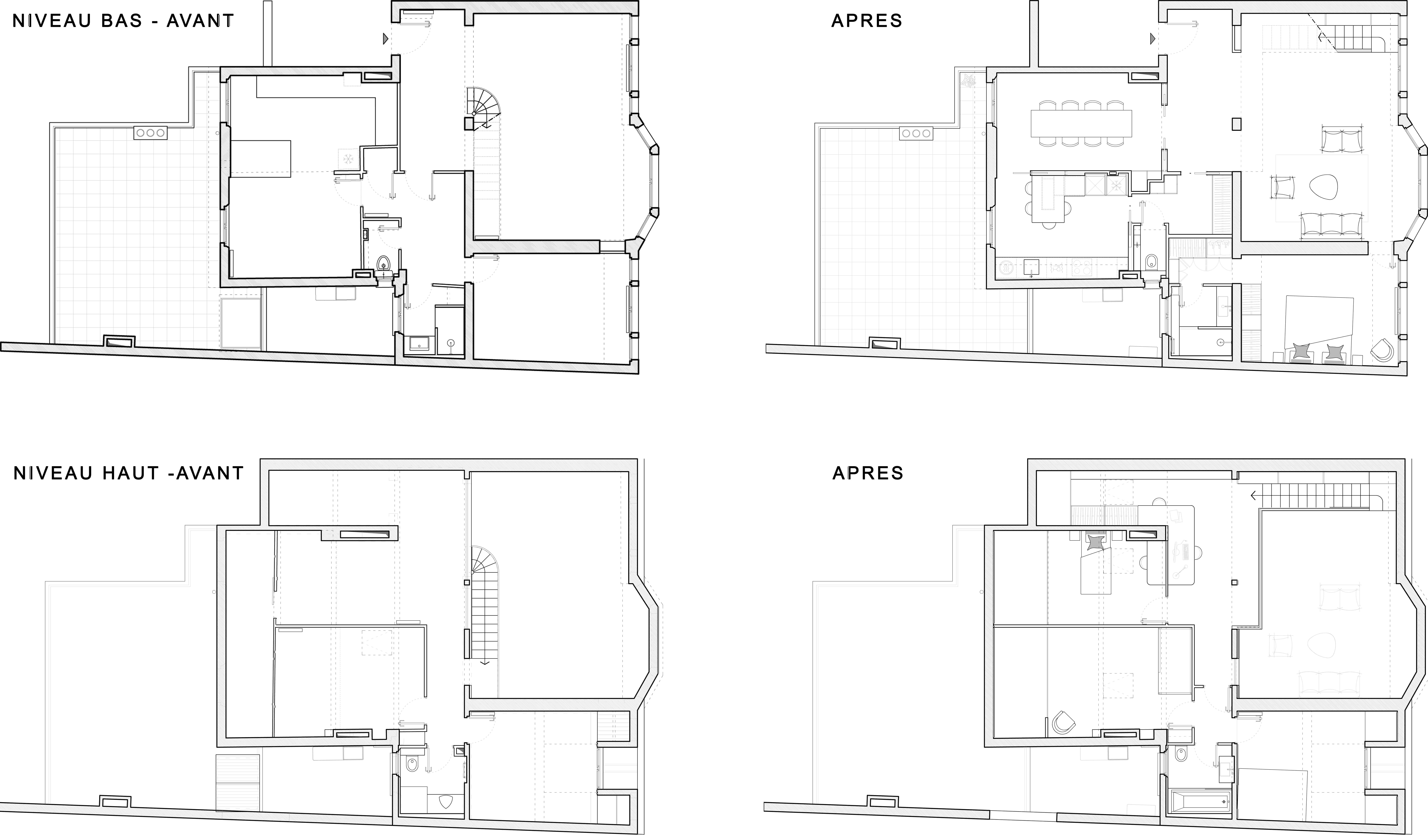 Les plans architecturaux côte à côte d'un appartement familial haussmannien, étiquetés 