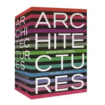 Un coffret intitulé "ARCHITECTURES" comprenant les volumes 1 à 5, avec un texte blanc en gras sur un fond rayé de différentes couleurs.