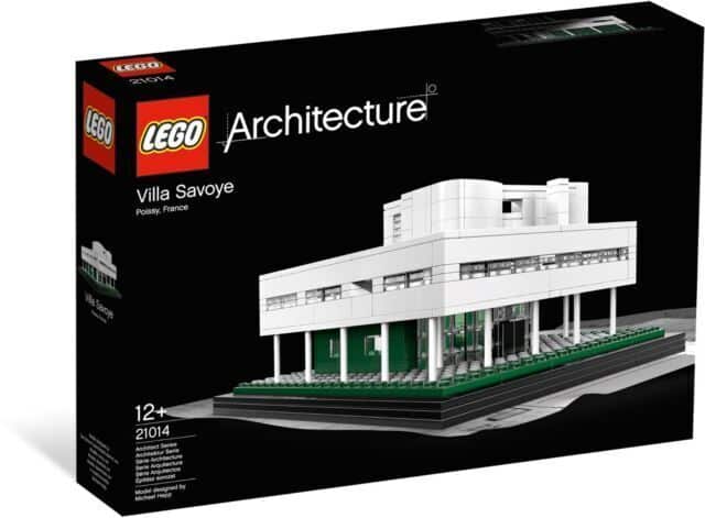 Coffret LEGO Architecture présentant la Villa Savoye, une maison moderniste à Poissy, France, recommandé pour les 12 ans et plus, numéro de coffret 21014.