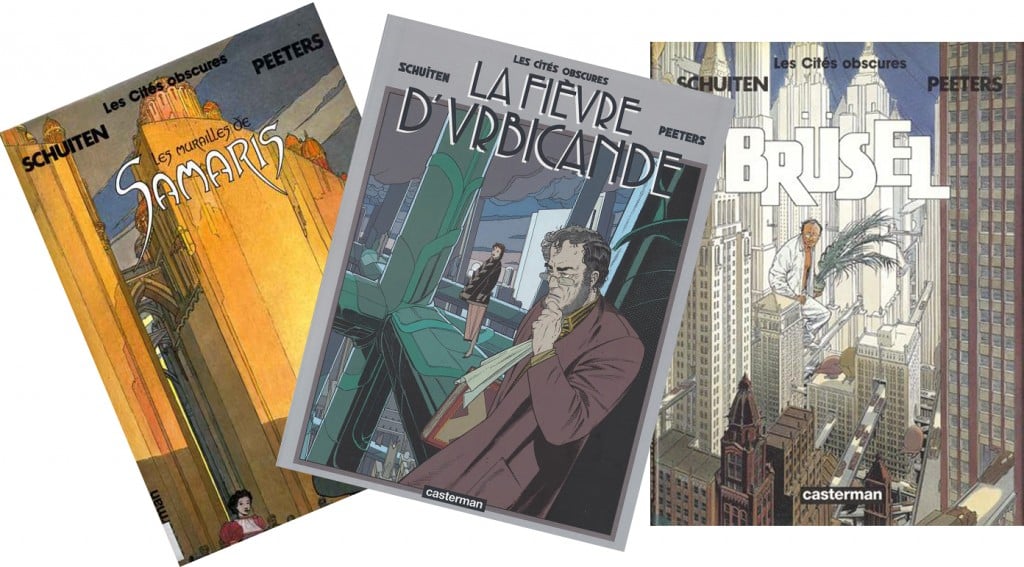 Trois romans graphiques français aux couvertures illustrées : "Samaris, La Fièvre d'Urbicande et Brüsel, tous signés par Schuiten et Peeters, publiés par Casterman.