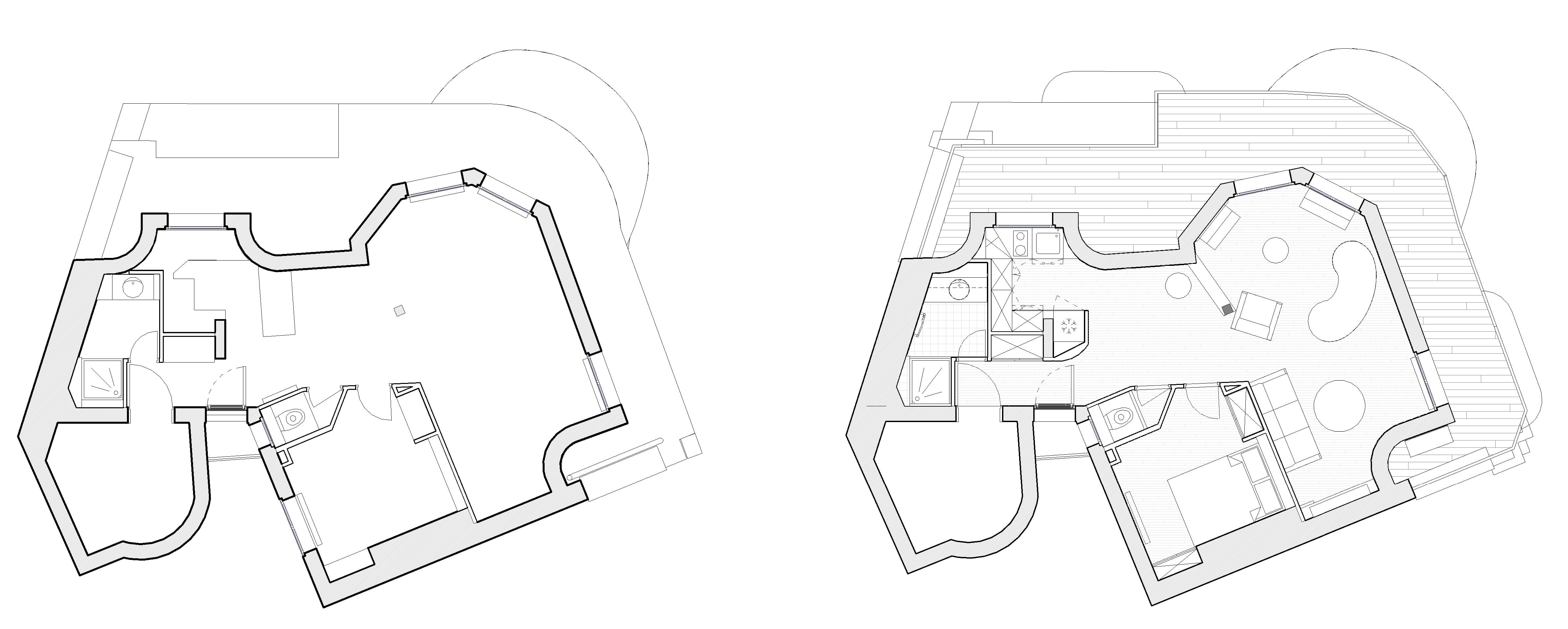 Deux plans architecturaux d'un appartement familial haussmannien, chacun montrant des dispositions distinctes avec des pi&egrave;ces, des portes, des fen&ecirc;tres et des meubles - dont une chambre en plus pour plus de flexibilit&eacute;.
