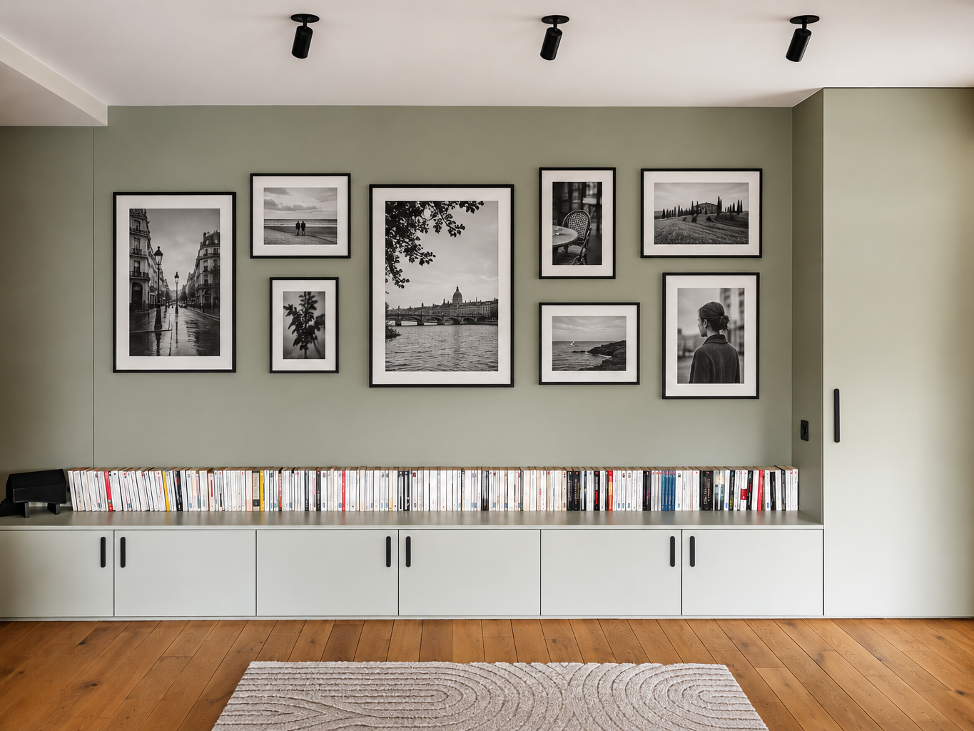 Un salon moderne avec un mur vert sauge, des photos encadrées en noir et blanc, un meuble bas rempli de livres, un parquet en bois clair et des spots au plafond : un espace accueillant qui met en valeur le meilleur du style scandinave pour un appartement chic après rénovation.