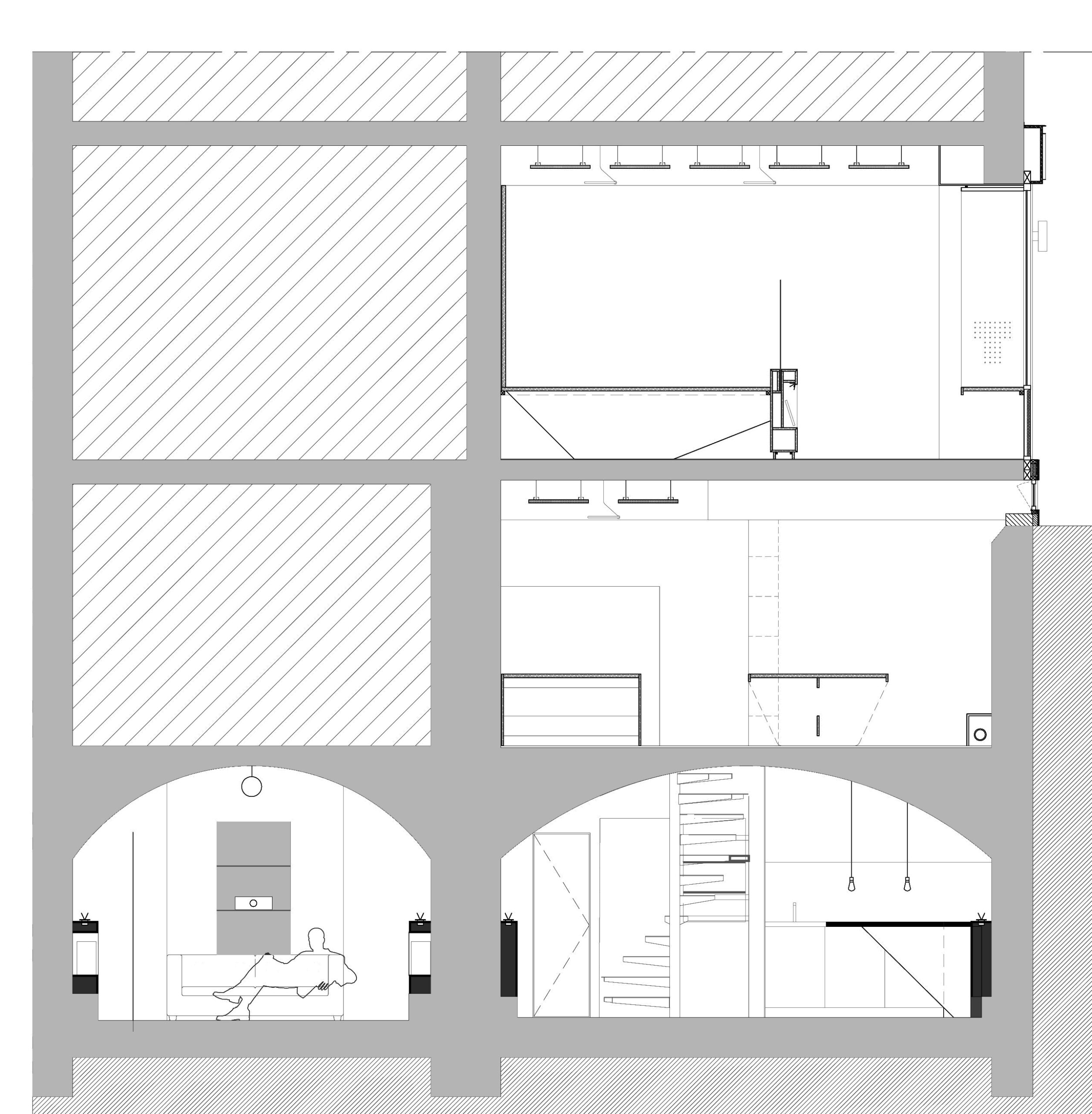 Coupe architecturale repr&eacute;sentant deux &eacute;tages avec des plafonds vo&ucirc;t&eacute;s, un escalier, du mobilier, des luminaires et une personne allong&eacute;e sur un canap&eacute; au niveau inf&eacute;rieur, &eacute;voquant l'ambiance raffin&eacute;e d'un bureau de cr&eacute;ateur.