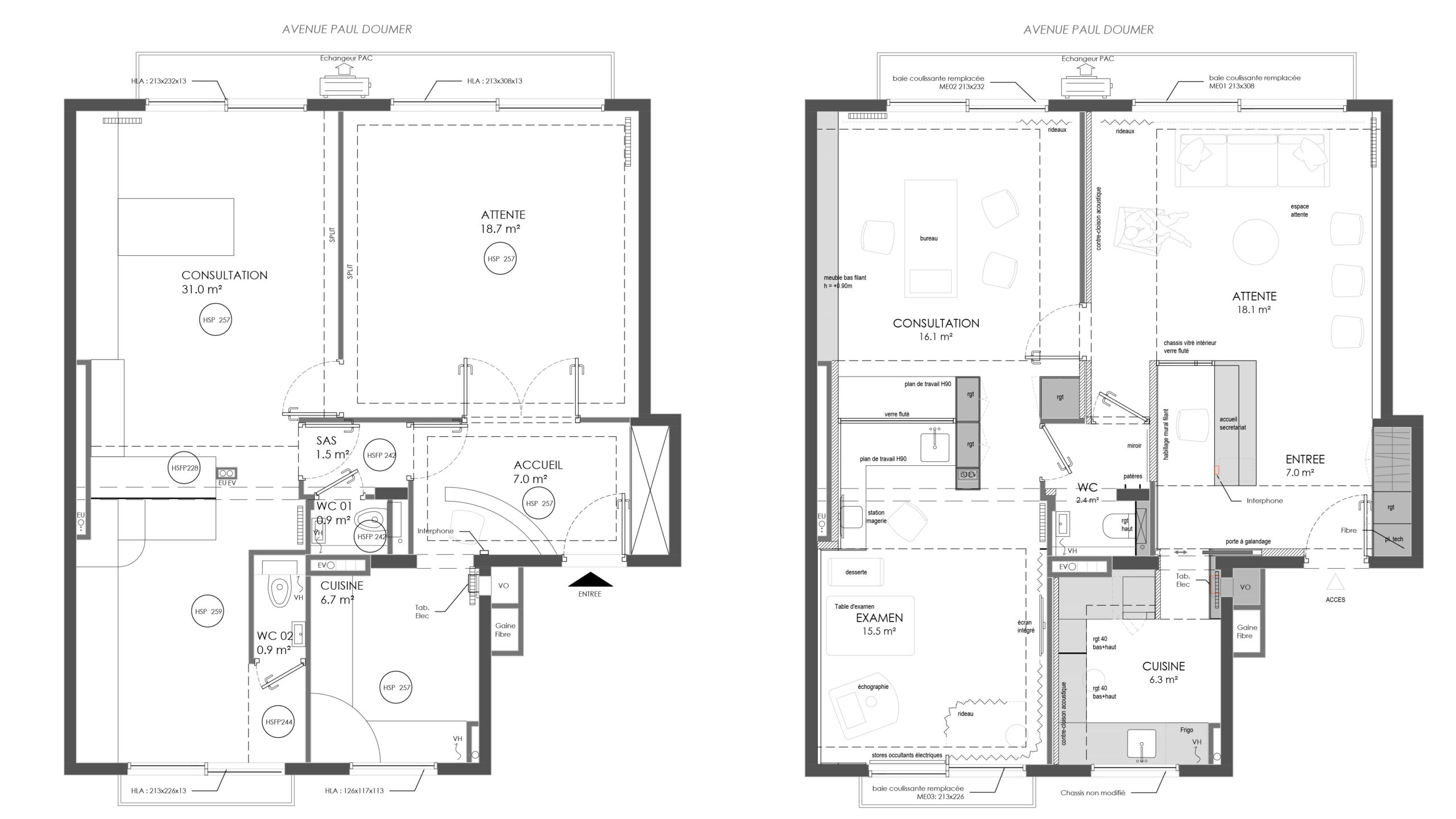 Deux plans d'architecture en noir et blanc représentant des appartements distincts, chacun comportant les noms des pièces et leurs dimensions, et indiquant les espaces cuisine, salon, salle à manger et salle de bains, ainsi que les entrées et les balcons — une source d'inspiration idéale pour des travaux de rénovation ou même pour transformer un espace en cabinet médical après les travaux.