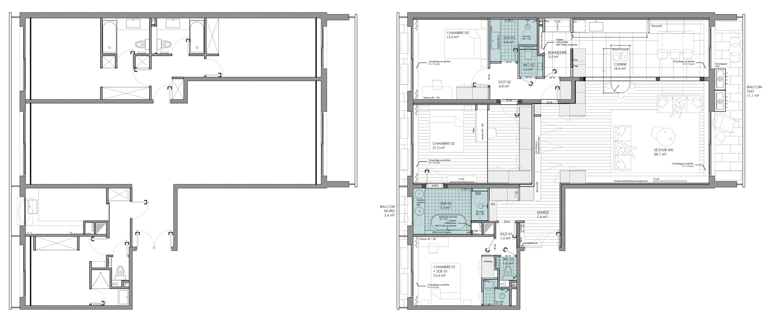 Deux plans d'architecture sont présentés côte à côte ; celui de gauche montre un agencement vide, tandis que celui de droite illustre un appartement rénové dans un style scandinave, avec les pièces identifiées et les espaces de salle de bains mis en évidence.